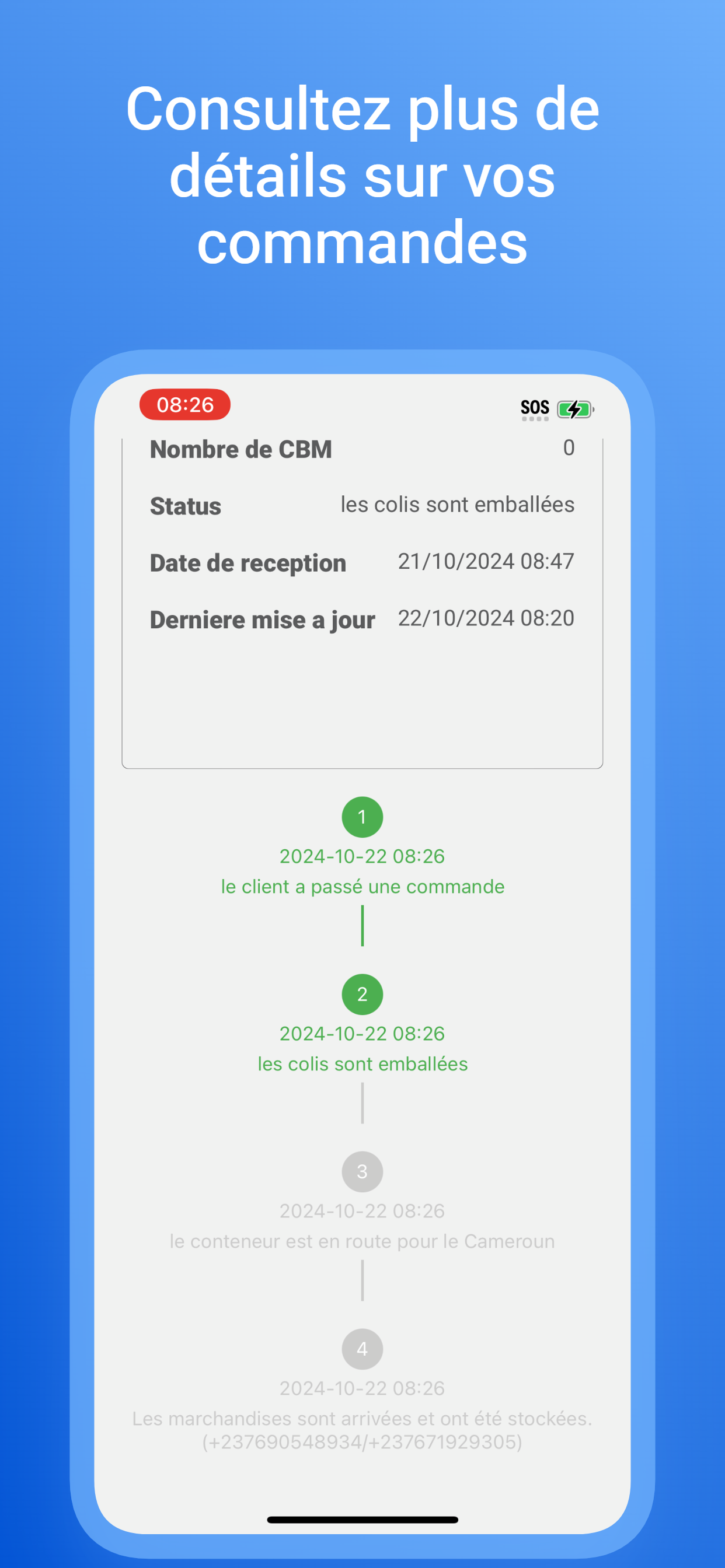 Écran de suivi en temps réel de l'application mobile HS CARGO EXPRESS